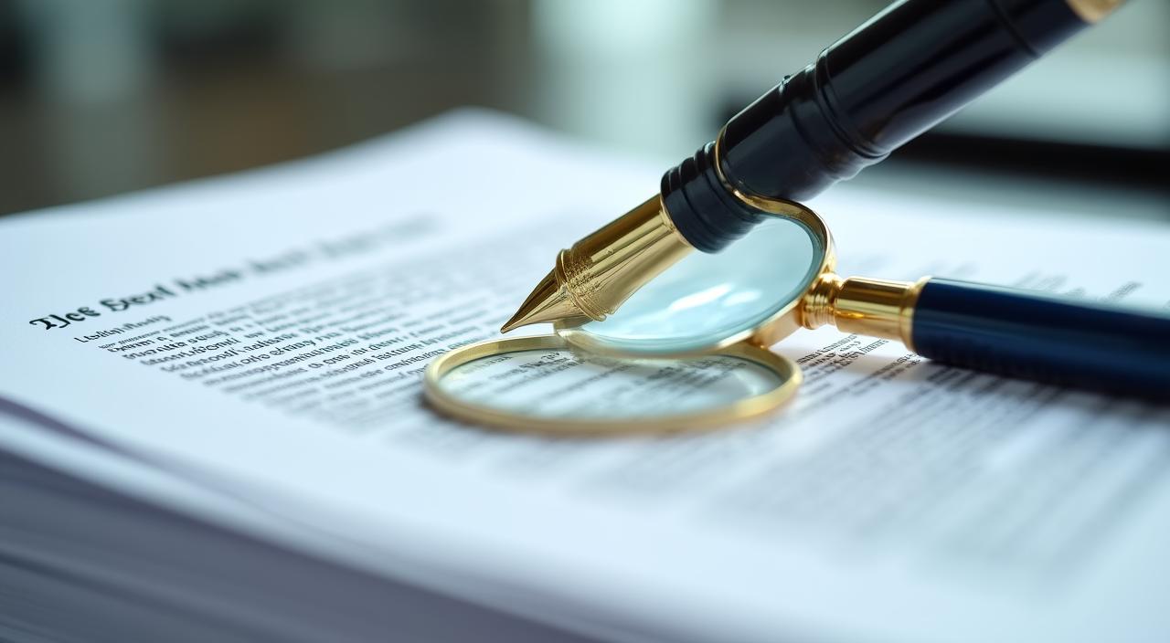 Close up of a hand signing a generic document with a magnifying glass showing fine print