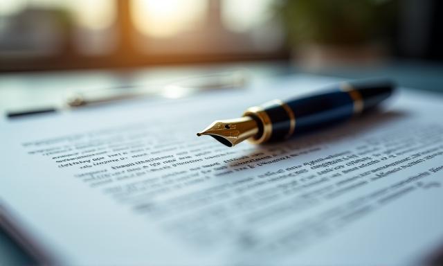 Close-up of a high-end fountain pen resting on a meticulously drafted legal document